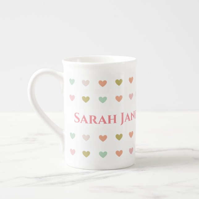 Pastel Hearts Design to Personalise Bone China Mug (Left)