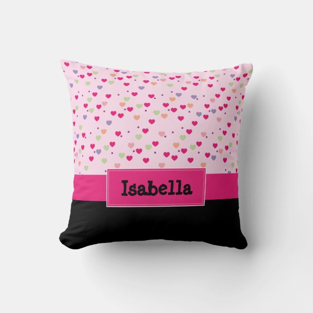 Pastel Hearts on Pink Girls Personalized Throw Pillow (Front)