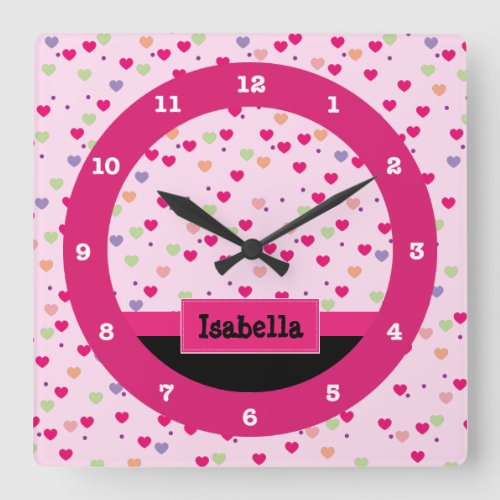 Pastel Hearts on Pink Personalized Square Wall Clock