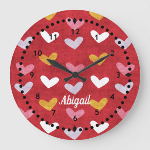Pastel Hearts on Red Wall Clock