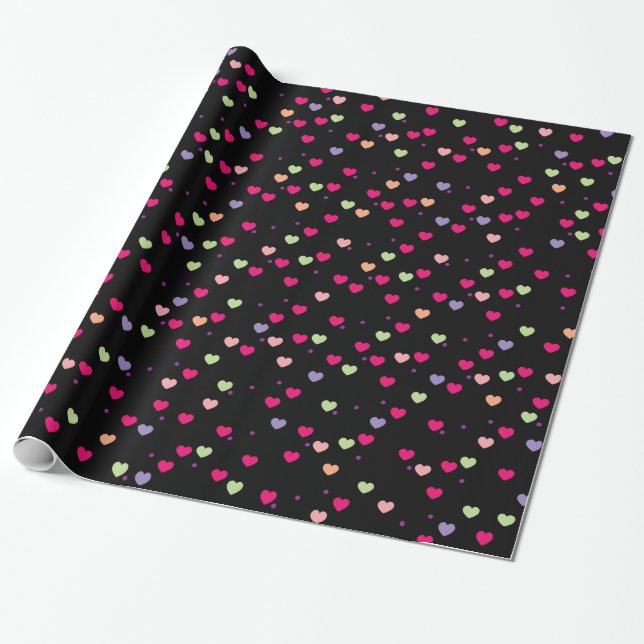 Pastel Hearts Pattern on Black Wrapping Paper (Unrolled)