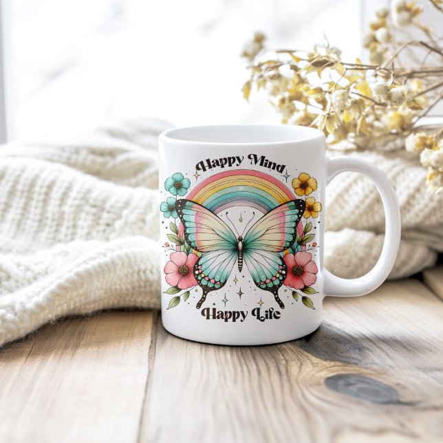 Pastel Hippie "Happy Mind Happy Life" Coffee Mug (Pastel Hippie "Happy Mind Happy Life" Coffee Mug on a neutral cozy wooden table.)