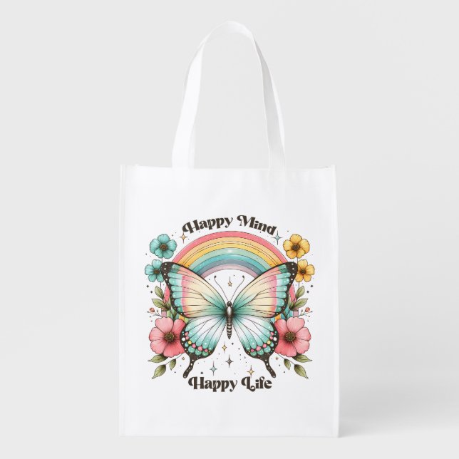 Pastel Hippie "Happy Mind Happy Life" Grocery Bag (Front)