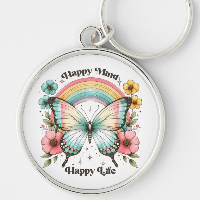 Pastel Hippie "Happy Mind Happy Life"  Keychain (Front)