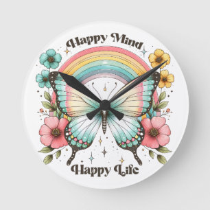 Pastel Hippie "Happy Mind Happy Life" Round Clock