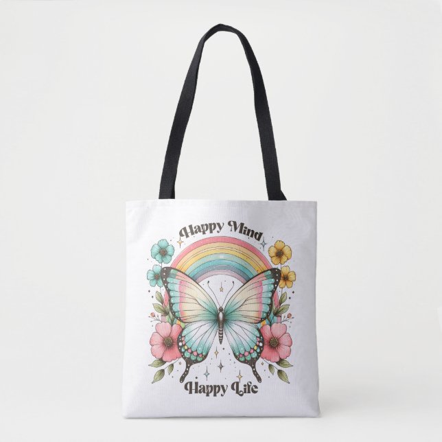 Pastel Hippie "Happy Mind Happy Life" Tote Bag (Front)