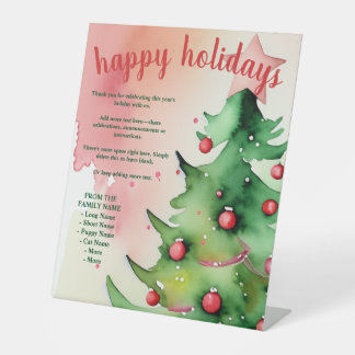 Pastel Holiday Green Christmas Tree Red Ornaments Pedestal Sign
