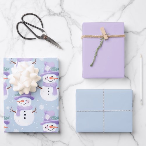 Pastel Holiday Snowman Complementary Set of 3 Cute Wrapping Paper Sheets