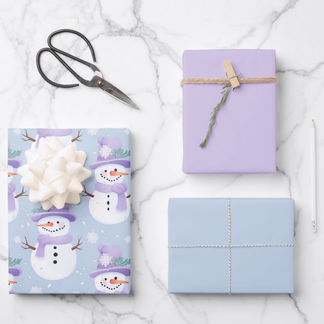 Pastel Holiday Snowman Complementary Set of 3 Cute Wrapping Paper Sheets (Front)