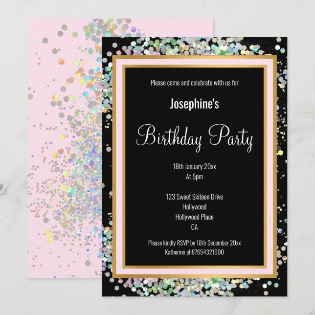 PASTEL HOLOGRAPHIC BLACK PINK GOLD BIRTHDAY INVITATION (Front/Back)