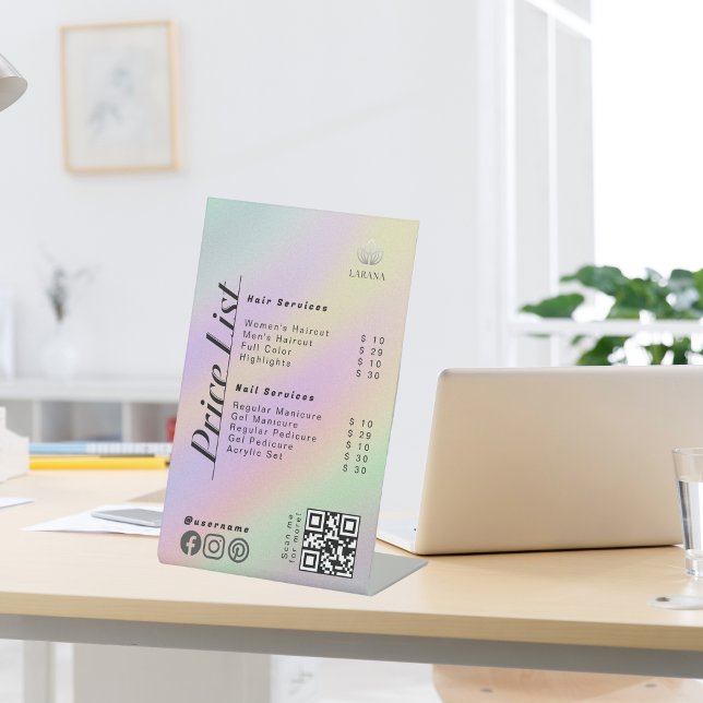 Pastel Holographic Esthetician Price List Menu  Pedestal Sign (Pastel Holographic Esthetician Price List Menu Pedestal Sign)