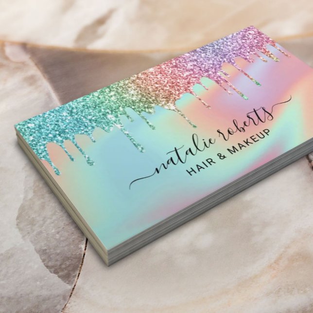 Pastel Holographic Glitter Drips Beauty Salon Business Card (Creator Uploaded)