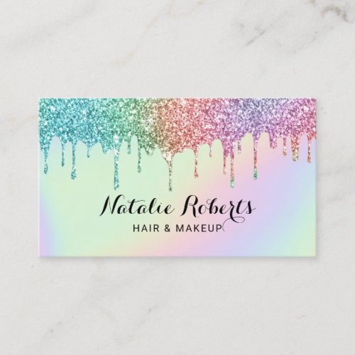 Pastel Holographic Glitter Drips Beauty Salon Business Card