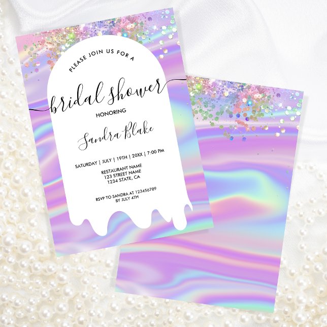 Pastel Holographic Glitter Drips Bridal Shower Invitation (Creator Uploaded)