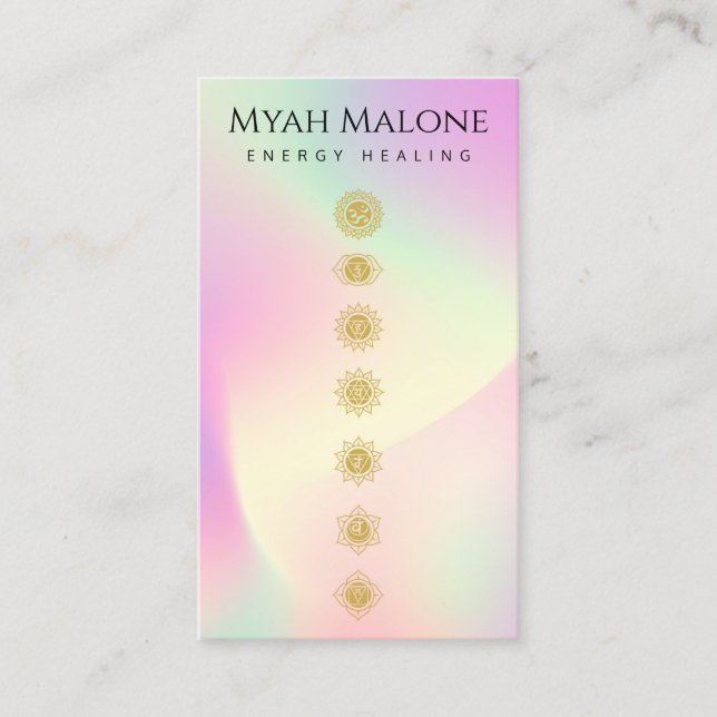 Pastel Holographic Gold Chakras Yoga Instructor  Business Card (Front)