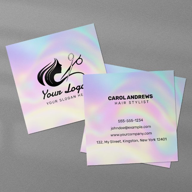 Pastel Holographic Hairstylist Logo Square Business Card (Creator Uploaded)