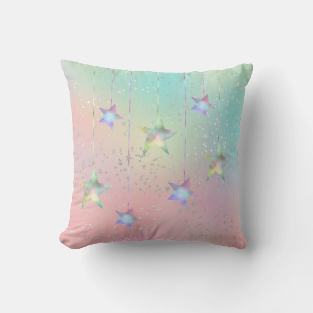 Pastel holographic star ribbon cute teal peach throw pillow (Front)