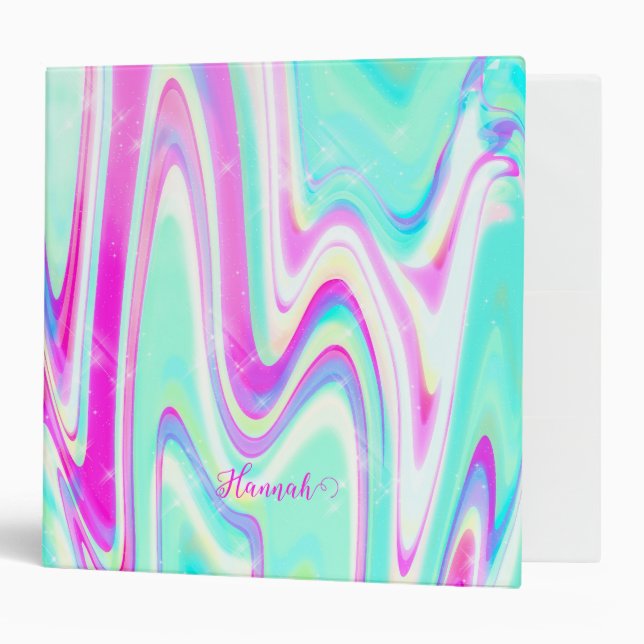 Pastel Holographic Swirl Aqua Pink Y2K Aesthetic 3 Ring Binder (Front/Inside)