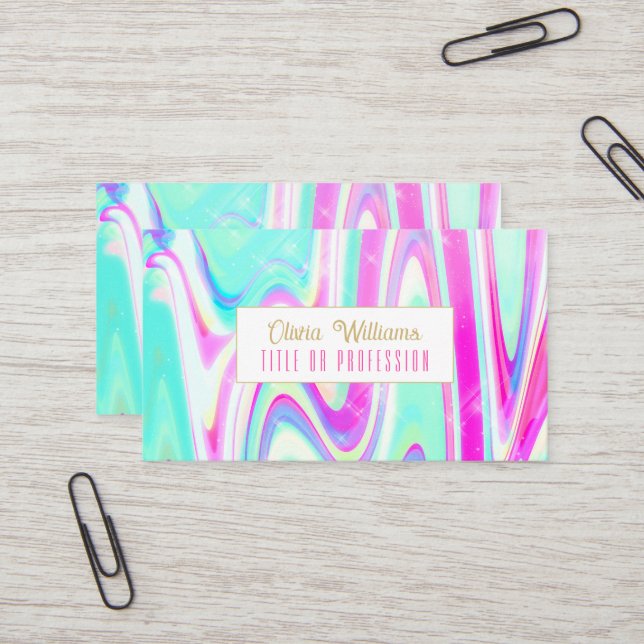 Pastel Holographic Swirl Aqua Pink Y2K Aesthetic Business Card (Front/Back In Situ)