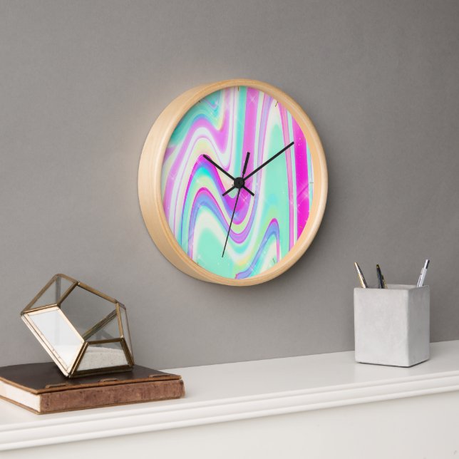 Pastel Holographic Swirl Aqua Pink Y2K Aesthetic Clock (Office)