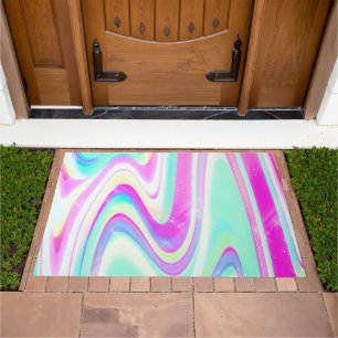 Pastel Holographic Swirl Aqua Pink Y2K Aesthetic Doormat