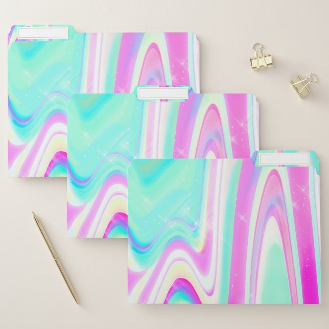 Pastel Holographic Swirl Aqua Pink Y2K Aesthetic File Folder (Set)