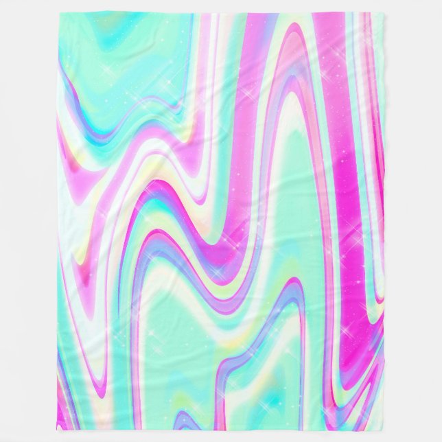 Pastel Holographic Swirl Aqua Pink Y2K Aesthetic Fleece Blanket (Front)