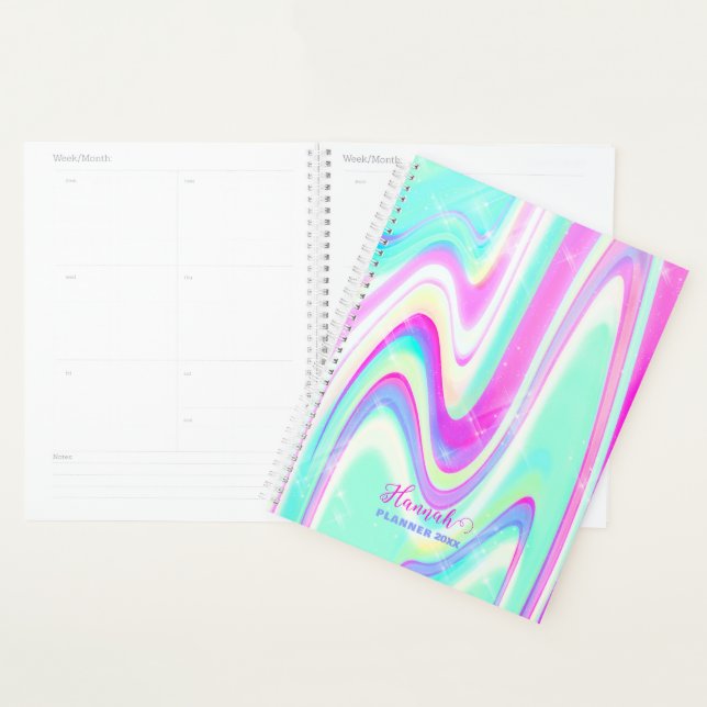 Pastel Holographic Swirl Aqua Pink Y2K Aesthetic Planner (Display)