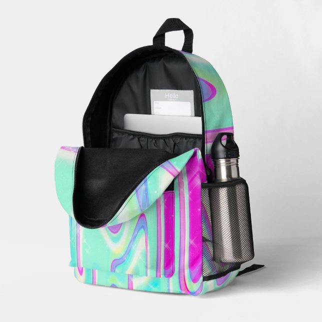 Pastel Holographic Swirl Aqua Pink Y2K Aesthetic Printed Backpack (Back Corner Right (Open))