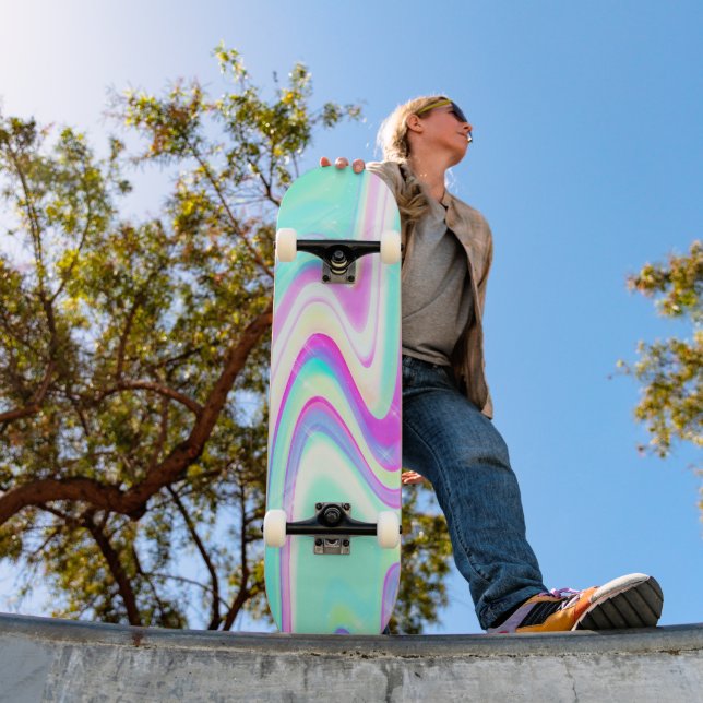 Pastel Holographic Swirl Aqua Pink Y2K Aesthetic Skateboard (Outdoor 1)