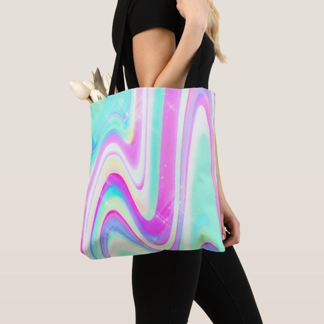 Pastel Holographic Swirl Aqua Pink Y2K Aesthetic Tote Bag (Close Up)