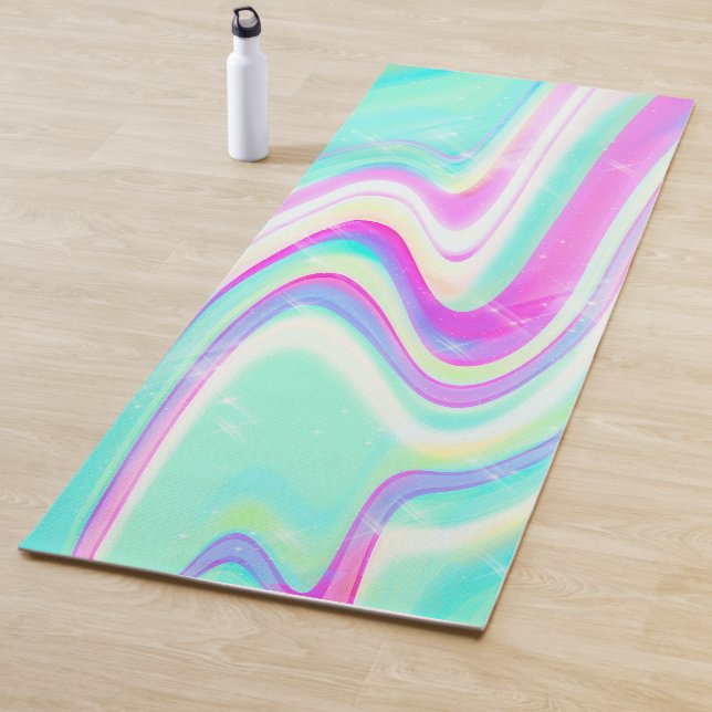 Pastel Holographic Swirl Aqua Pink Y2K Aesthetic Yoga Mat (In Situ)