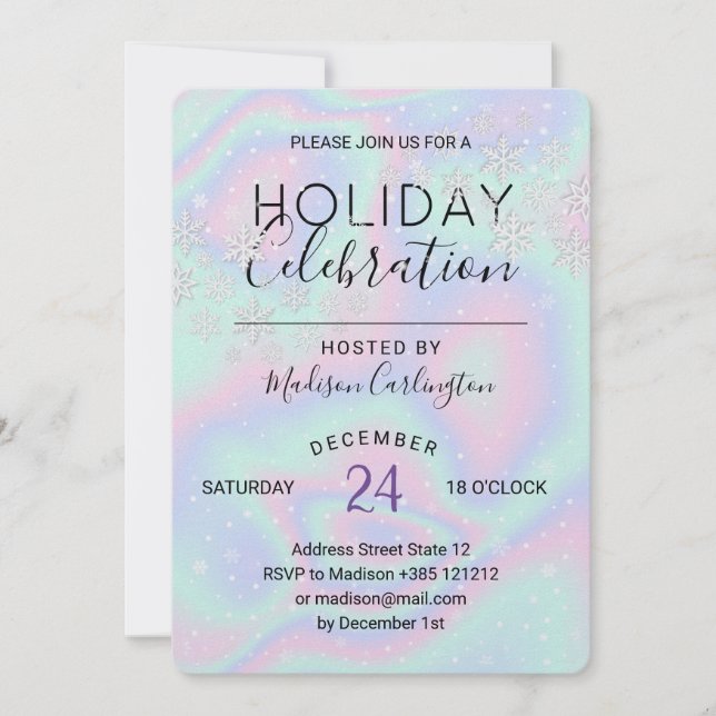 Pastel Holographic Texture Snowflakes Holiday Invitation (Front)