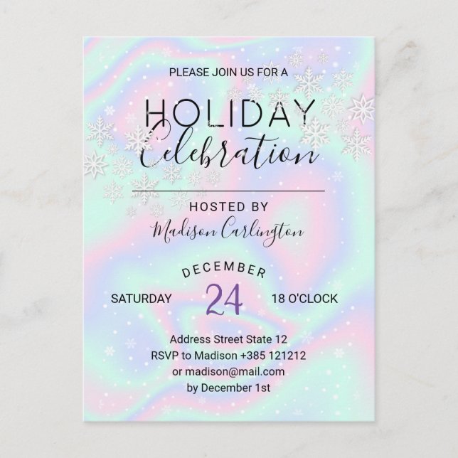 Pastel Holographic Texture Snowflakes Holiday Invitation Postcard (Front)