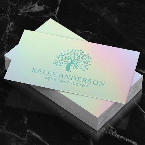 Pastel Holographic Yoga Instructor Tree Logo Business Card