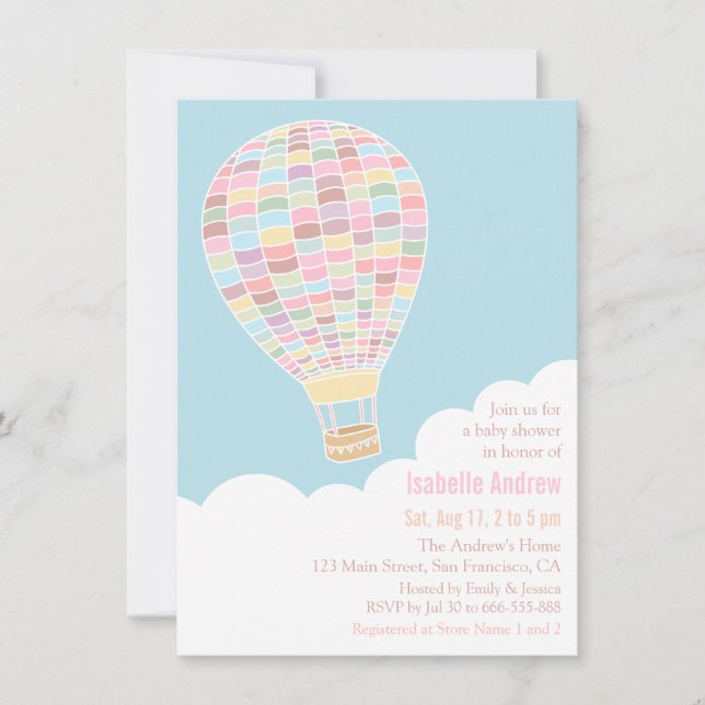 Pastel Hot Air Balloon Baby Shower Invitations (Front)
