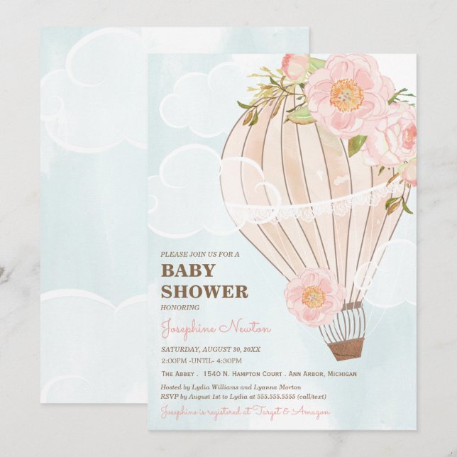 Pastel Hot Air Balloon Girl Baby Shower Invitation (Front/Back)