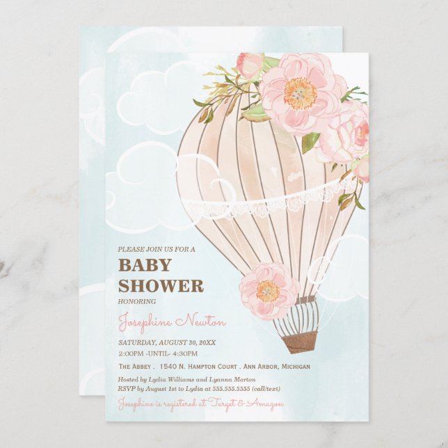 Pastel Hot Air Balloon Girl Baby Shower Invitation (Front/Back)