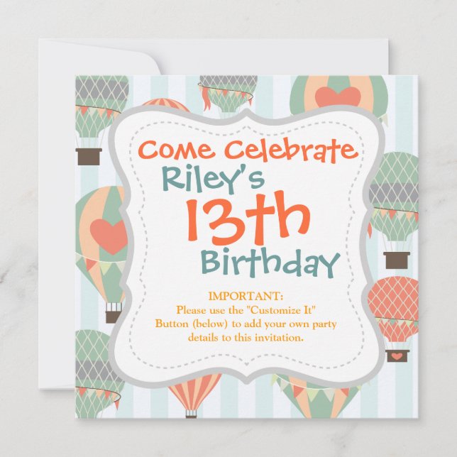 Pastel Hot Air Balloons Rising on Blue Striped Pat Invitation (Front)