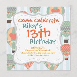 Pastel Hot Air Balloons Rising on Blue Striped Pat Invitation