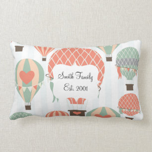 Pastel Hot Air Balloons Rising on Blue Striped Pat Lumbar Pillow
