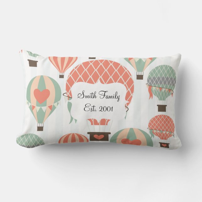 Pastel Hot Air Balloons Rising on Blue Striped Pat Lumbar Pillow (Front)