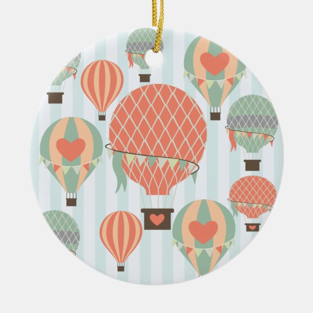 Pastel Hot Air Balloons Rising on Blue Stripes Ceramic Ornament (Front)