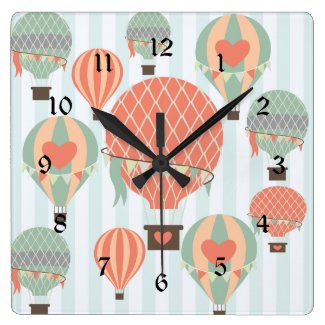 Pastel Hot Air Balloons Rising on Blue Stripes Large Clock
