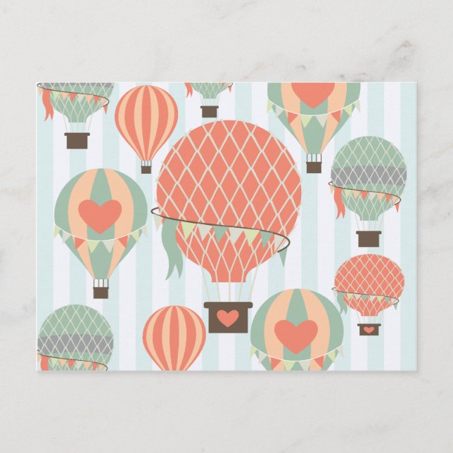 Pastel Hot Air Balloons Rising on Blue Stripes Postcard (Front)