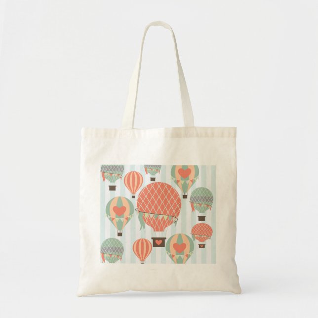 Pastel Hot Air Balloons Rising on Blue Stripes Tote Bag (Front)