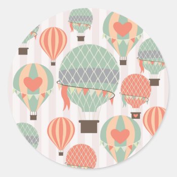 Pastel Hot Air Balloons Rising Pink Striped Sky Classic Round Sticker by PrettyPatternsGifts at Zazzle