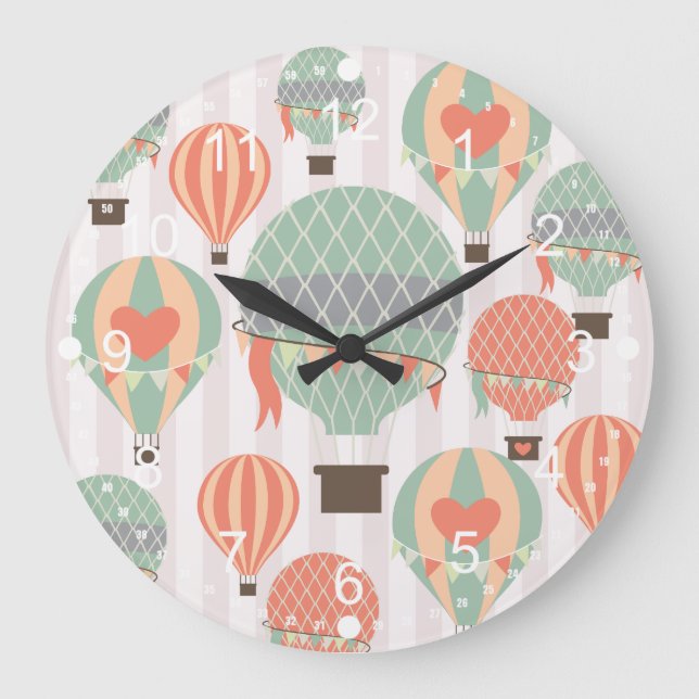 Pastel Hot Air Balloons Rising Pink Striped Sky Large Clock (Front)