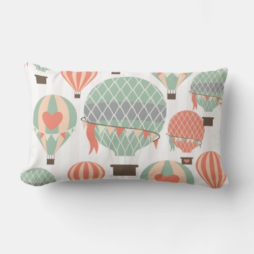 Pastel Hot Air Balloons Rising Pink Striped Sky Lumbar Pillow