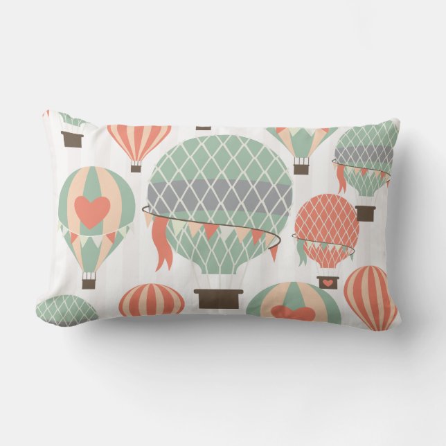 Pastel Hot Air Balloons Rising Pink Striped Sky Lumbar Pillow (Front)